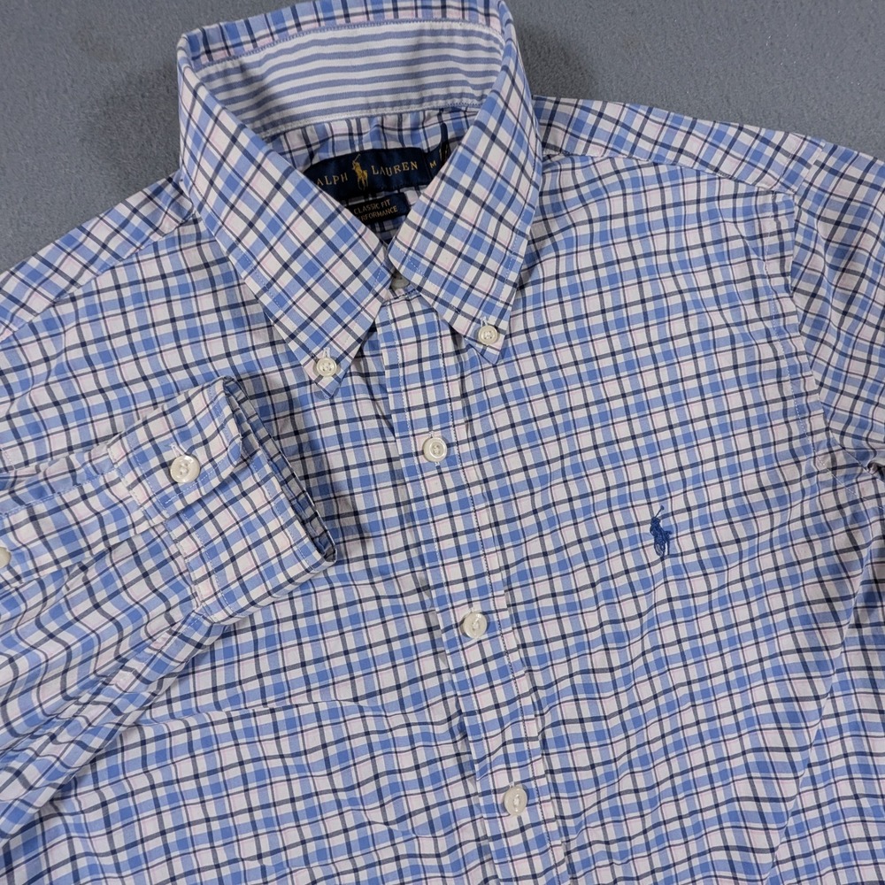 Ralph Lauren Performance Button Down Shirt Mens Medium Classic Fit Plaid Blue